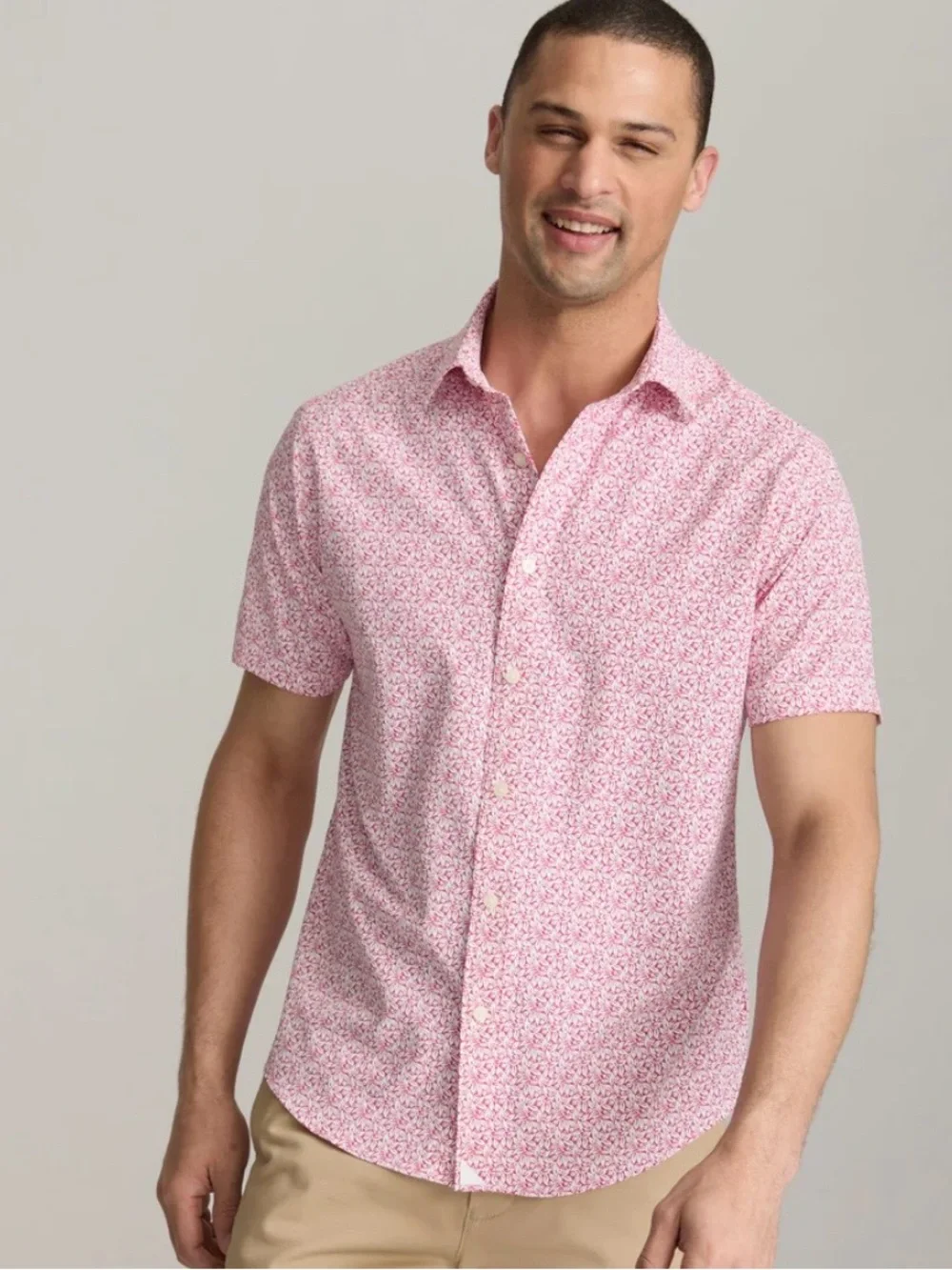 UNTUCKit Mens Floral Performance Button Up Short Sleeve Shirt Sz Med Pink White